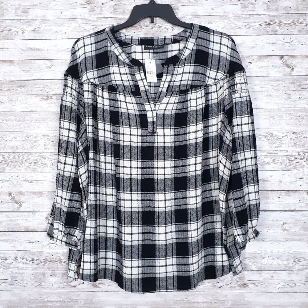 Lane Bryant Womens Top Size 22 Popover V-Neck Black Ivory Plaid 287